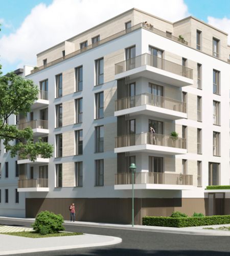 Moderne Wohnanlage an einem Fluss, grüne Umgebung, architektonische Visualisierung eines nachhaltigen Neubauprojekts.