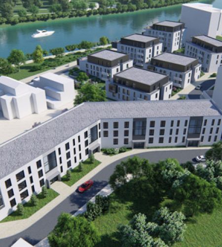 Moderne Wohnanlage an einem Fluss, grüne Umgebung, architektonische Visualisierung eines nachhaltigen Neubauprojekts.